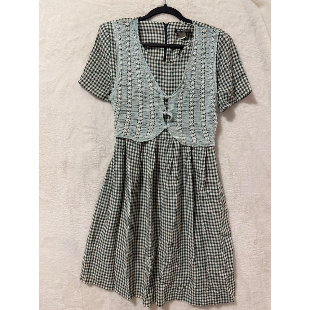 Impulsive Vintage Gingham Dress Womens 14P Green Crochet Pearl Vest Cottagecore